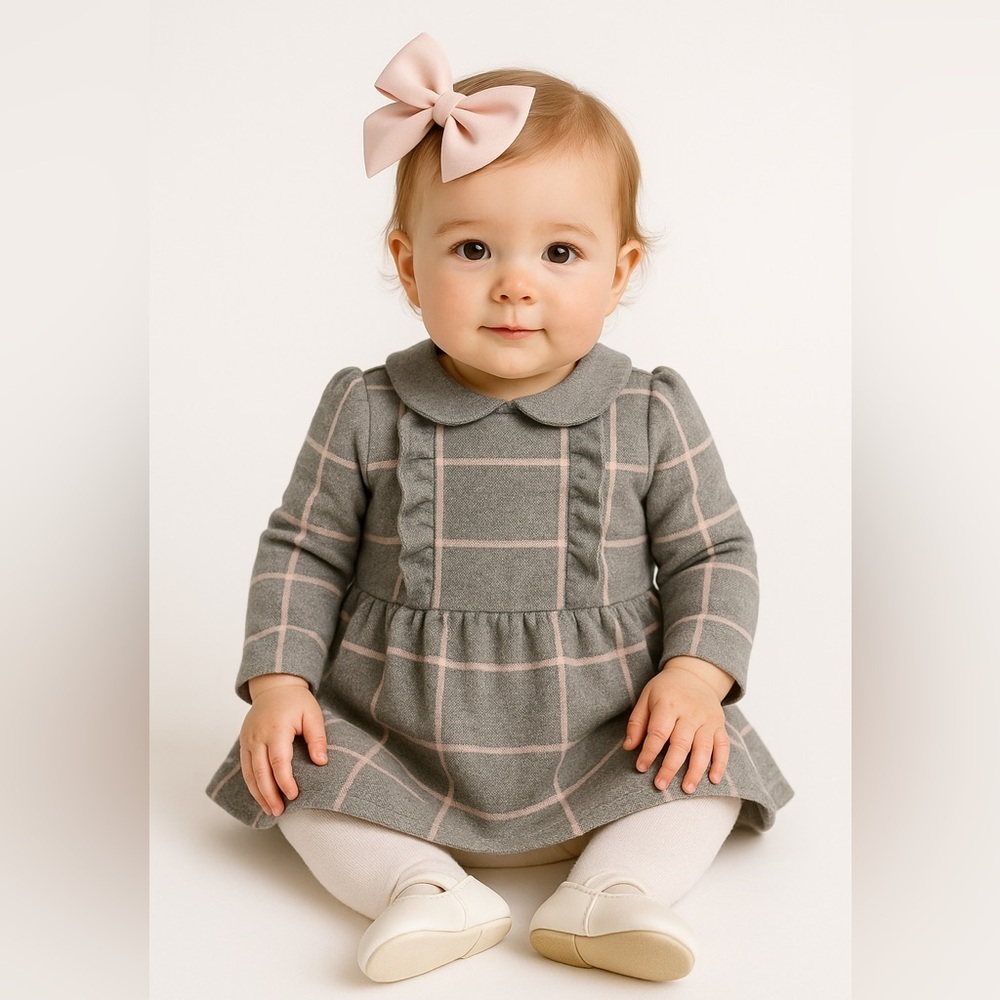 Janie & Jack Grey Windowpane Knit Dress – 6–12 Months